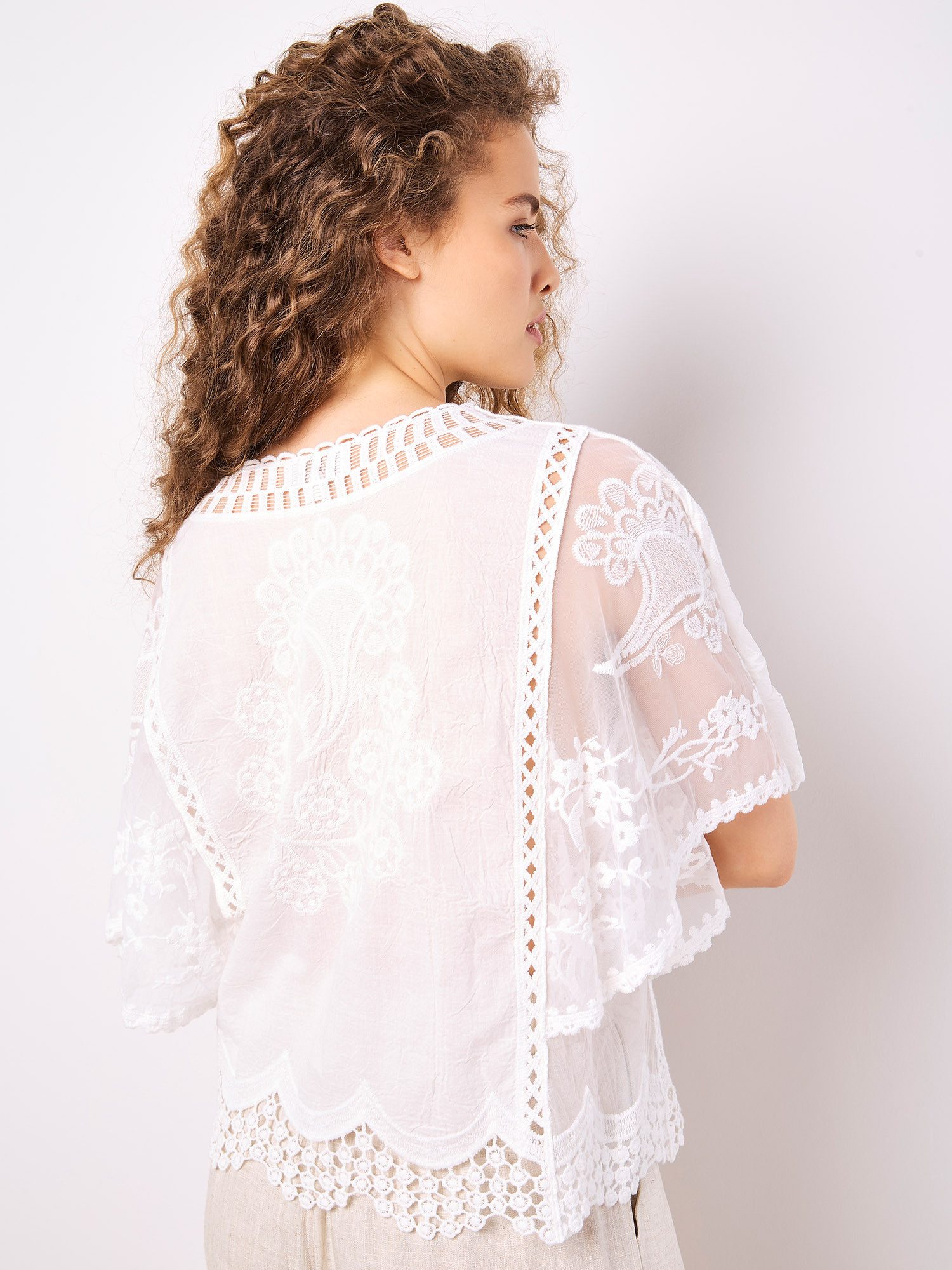 Apricot Shirtbluse Baumwoll-Mesh-Top mit Stickerei – Bild 4 von 5