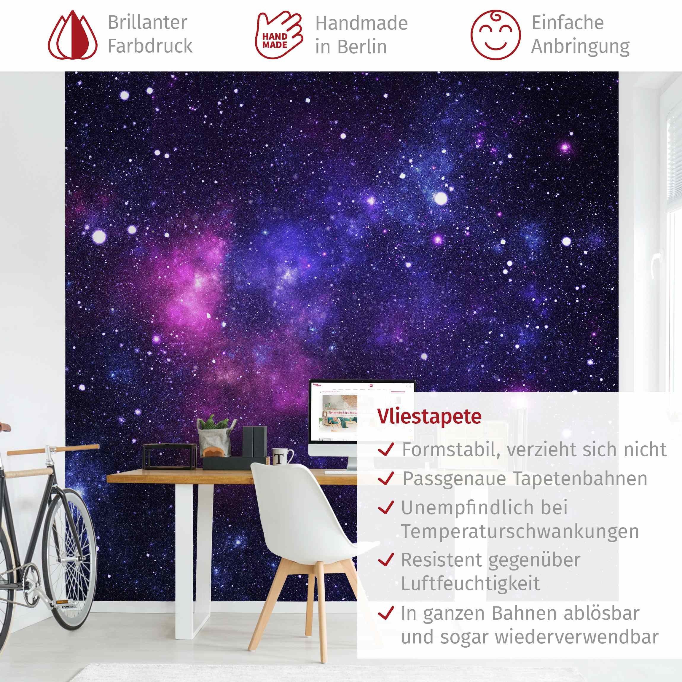 Bilderdepot24 Kindertapete Kinderzimmer Galaxie Weltall Weltraum Kinder Wanddeko Sterne Lila Rosa, Glatt, Matt, (Vliestapete inkl. Kleister oder selbstklebend), Mädchenzimmer Jungenzimmer Babyzimmer Bildtapete Fototapete Wandtapete