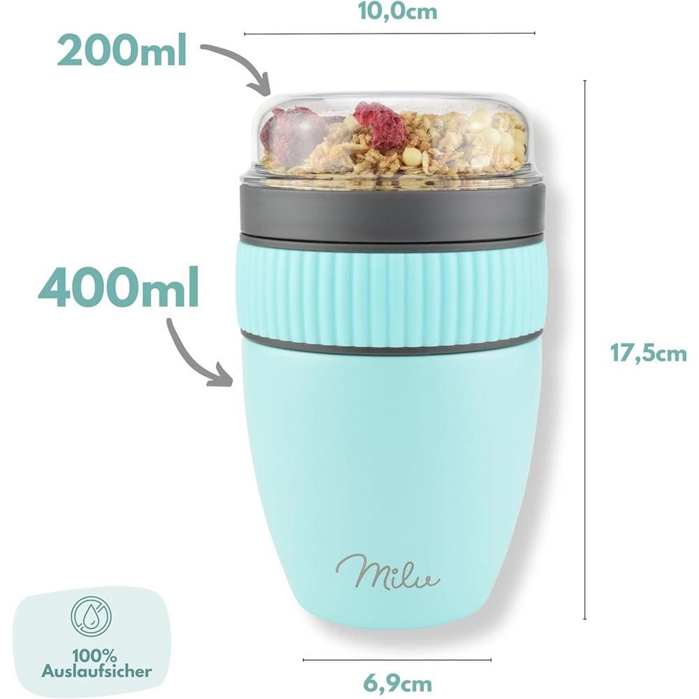 Milu Müslibox Müslibecher To Go Edelstahl 400 ml, isoliert, auslaufsicher, Müslimax Set – Bild 5 von 5