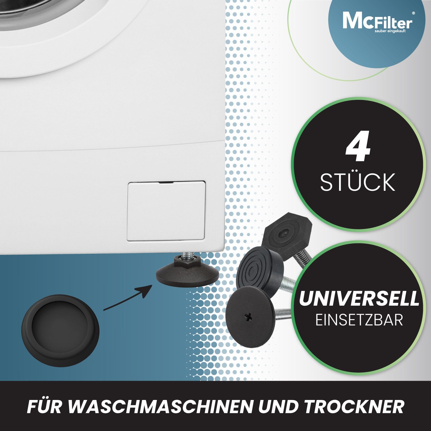 McFilter Vibrationsdämpfer 4 Schwingungsdämpfer für Waschmaschinen und Trockner, (Universal Vibrationsdämpfer kompatibel mit Bosch, Siemens, AEG, 4-St), Rutschfeste Gummipads, Gummifüße, Waschmaschinenunterlage - schwarz