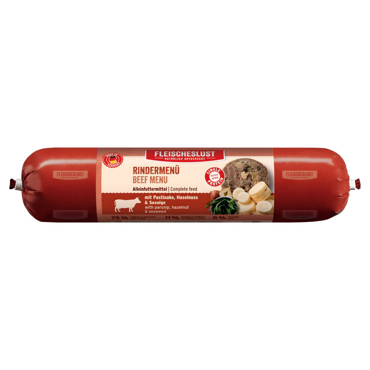 Fleischeslust Classic Rindermenü mit Pastinake, Haselnuss & Seealge 400 g, Nassfutter für: Hund