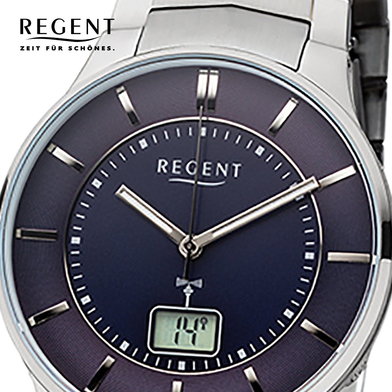 Regent Funkuhr Regent Herren-Armbanduhr silber grau, Herren Funkuhr rund,  mittel (ca. 39mm), Edelstahlarmband, Datumsanzeige