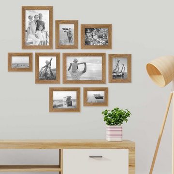 PHOTOLINI Bilderrahmen 9er Set Strandhaus Rustikal 10x15 bis 20x30 cm Natur Massivholz