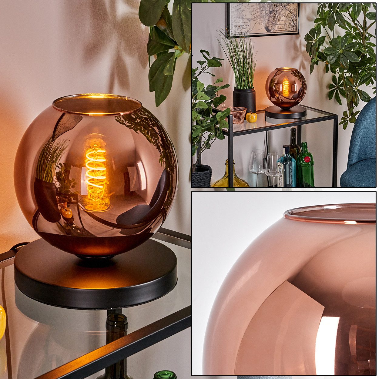 hofstein Tischleuchte Tischlampe aus Metall/Glas in Schwarz/Kupferfarben, ohne Leuchtmittel, mit Glasschrim(20cm), Schalter am Kabel, 1 x E27, ohne Leuchtmittel