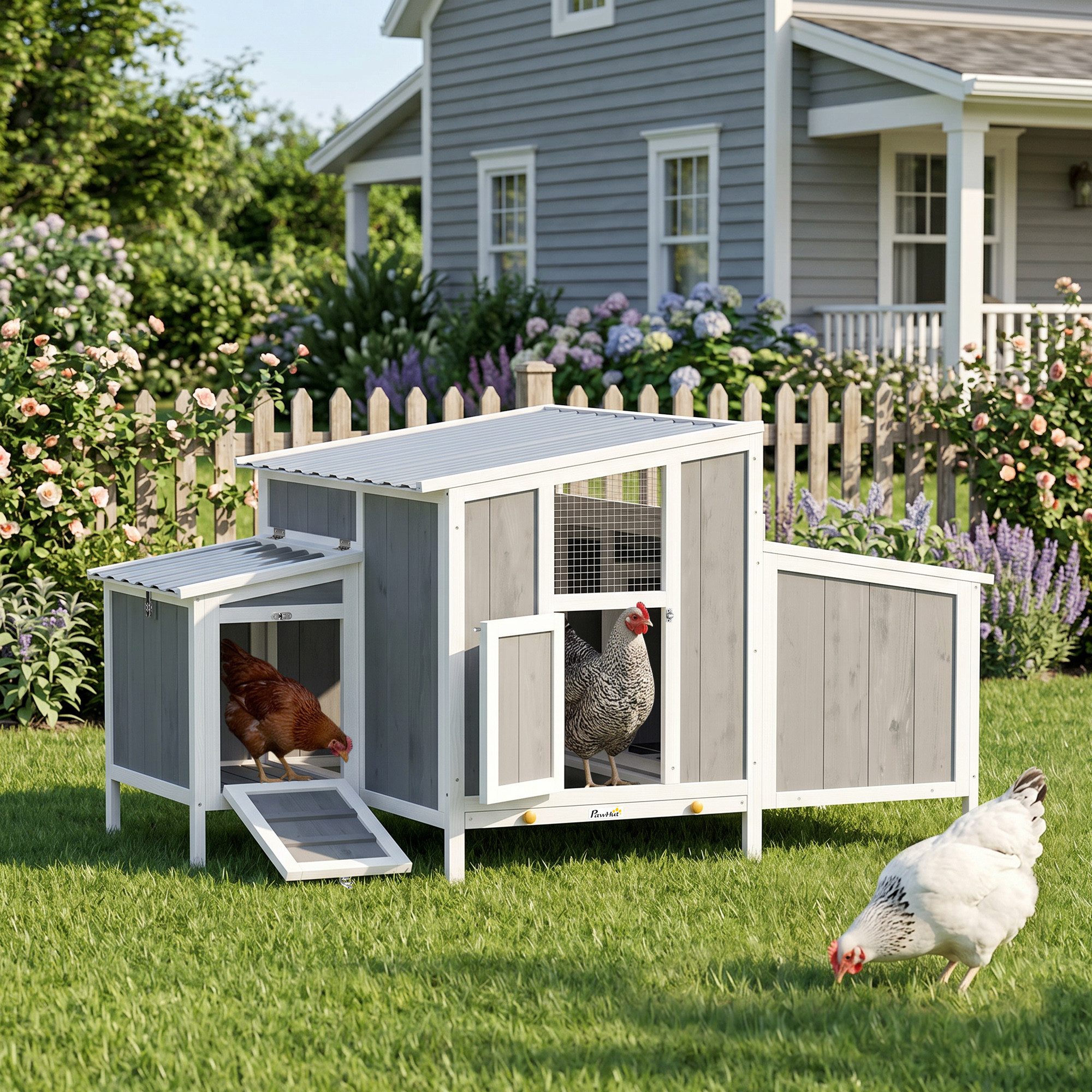 PawHut Hühnerstall Hühnerhaus aus Holz mit abschließbarer Tür, wasserdichtem PET-Dach, für 3-4 Hühner, für Garten, 145 x 90 x 92 cm, Grau