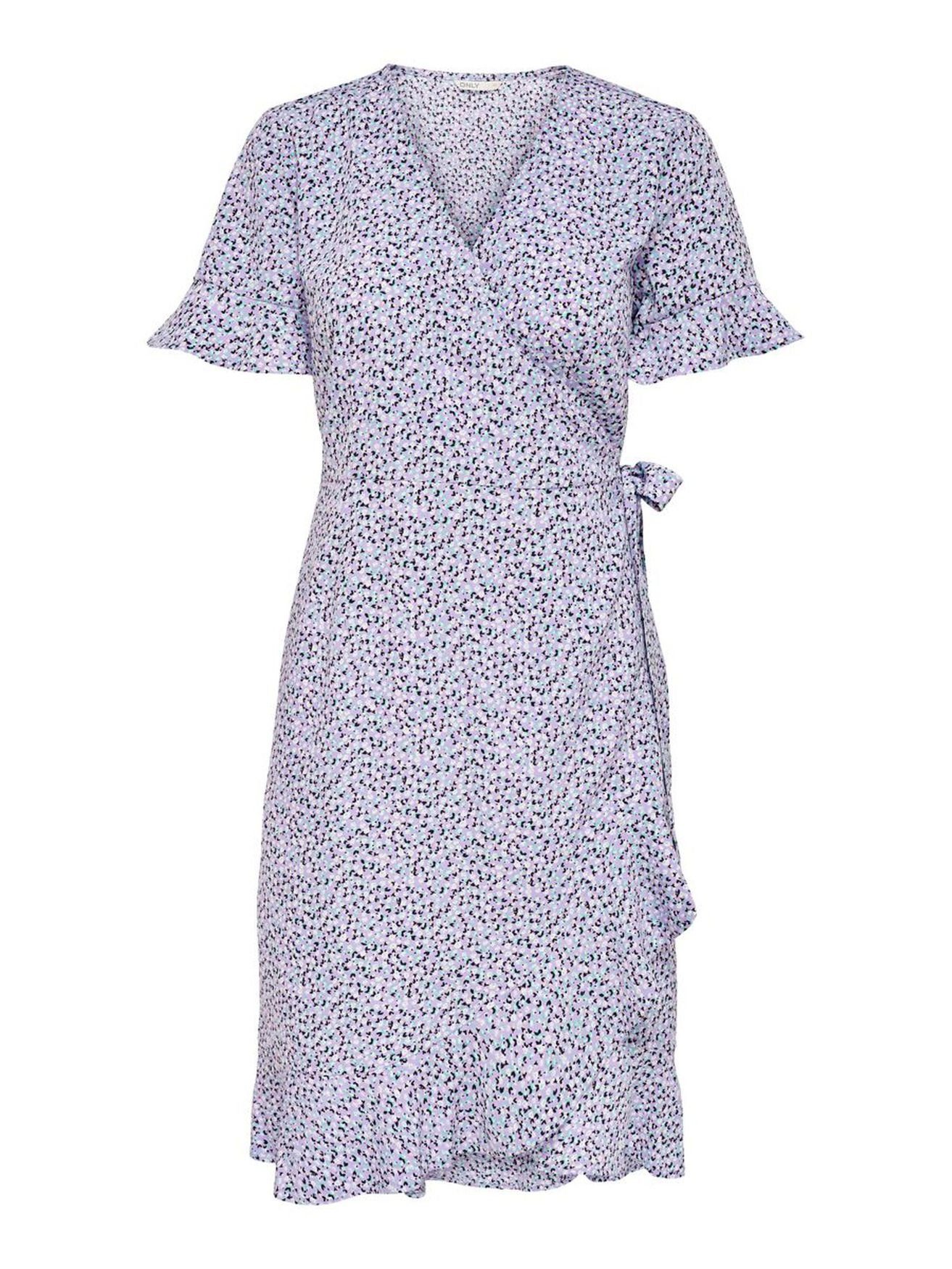(knielang, 4056 Blusen 1-tlg) ONLOLIVIA Bindegürtel in Violett mit Shirtkleid Lockeres Midi Wickelkleid Kurzarm ONLY