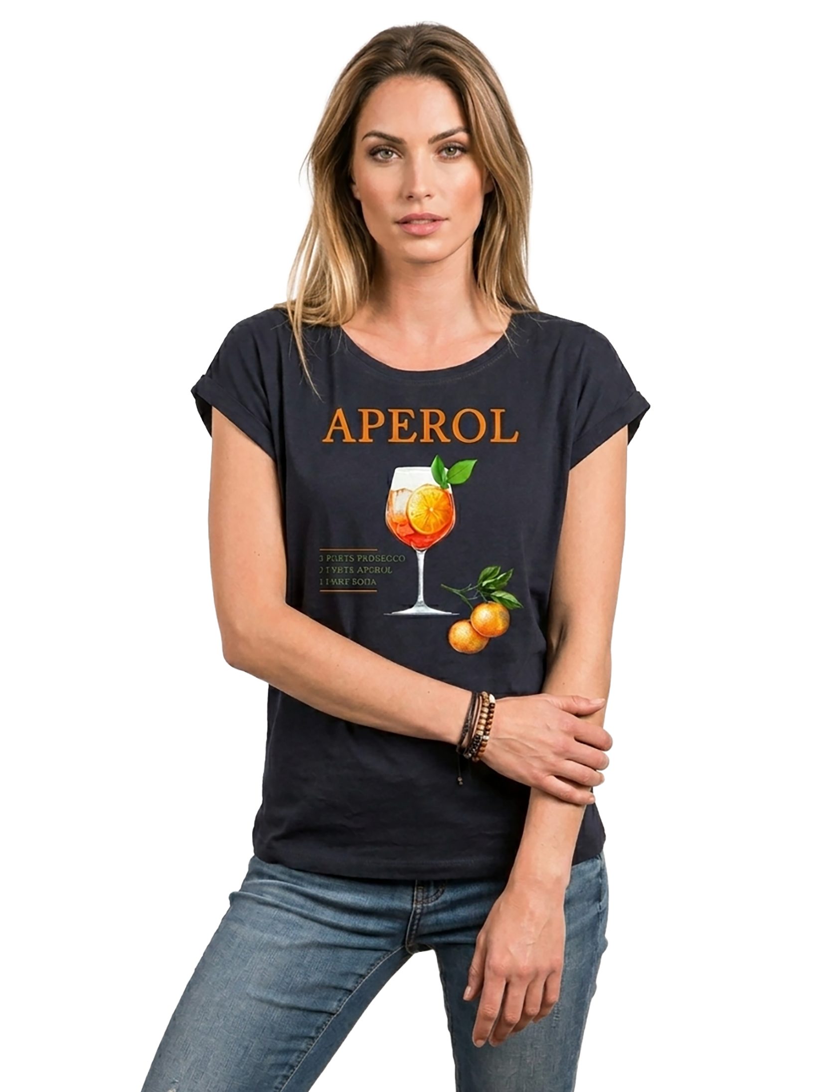 MAKAYA Print-Shirt Damen mit Orangen Motiv Aperol Spritz Glas Party Outfit Lässig Elegant (Schwarz, Weiß, Blau, Grau, Grün, Rosa, 34, 36, 38, 40, 42, 44, 46, 48, 50) große Größen