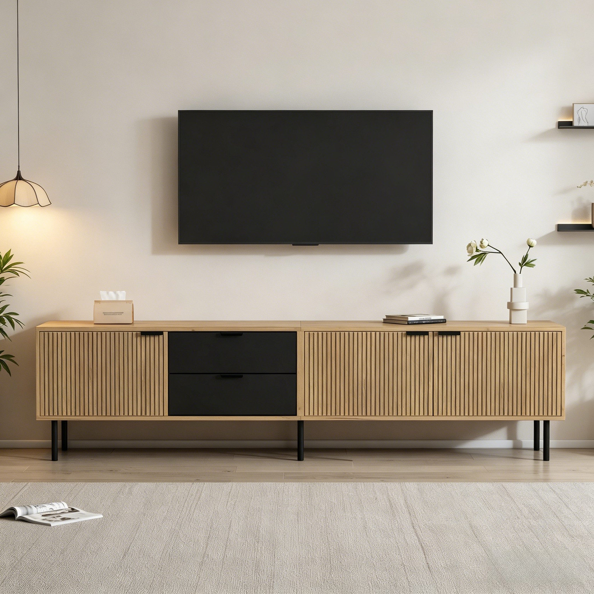 SeedWave Lowboard In Holzoptik 208cm TV-Schrank mit Geschlossenen Fächern & Schubladen, Fernsehtisch mit Kabeldurchführung, 15cm Bodenfreiheit
