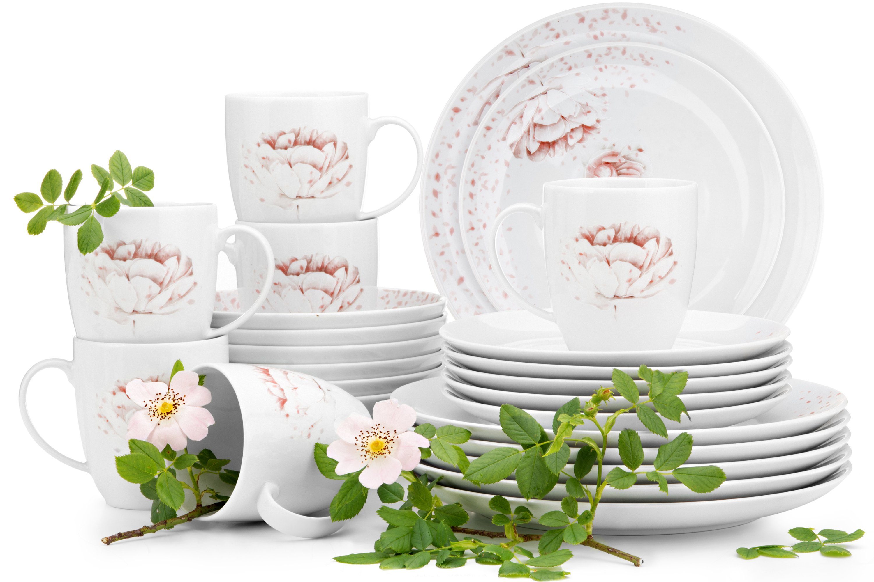 KONSIMO® Kombiservice BOSS Tafelservice & Becher-Set (24-tlg), 6 Personen, Porzellan, rund, 380ml