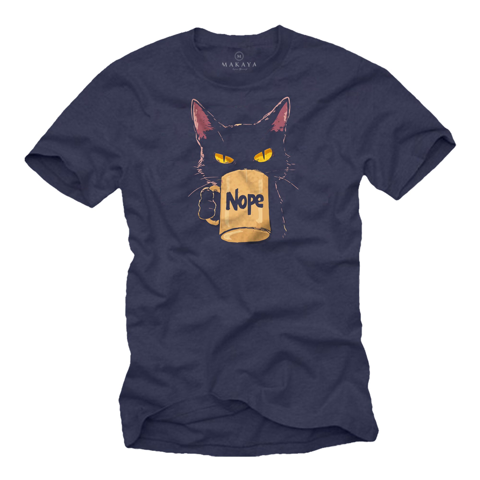 MAKAYA T-Shirt Printshirt für Männer – Lustige Katze mit Tasse & Nope-Spruch (Schwarz, Blau, Grau, S, M, L, XL, XXL, XXXL, XXXXL, XXXXXL) Baumwolle