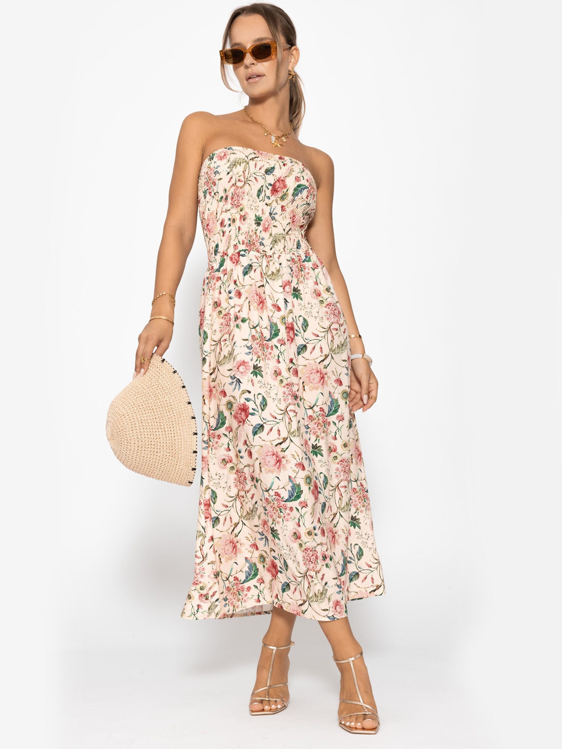 SASSYCLASSY Bandeaukleid Gesmoktes Bandeau-Kleid mit Print Damen trägerloses Midikleid mit gerafftem Bustier jeansblau