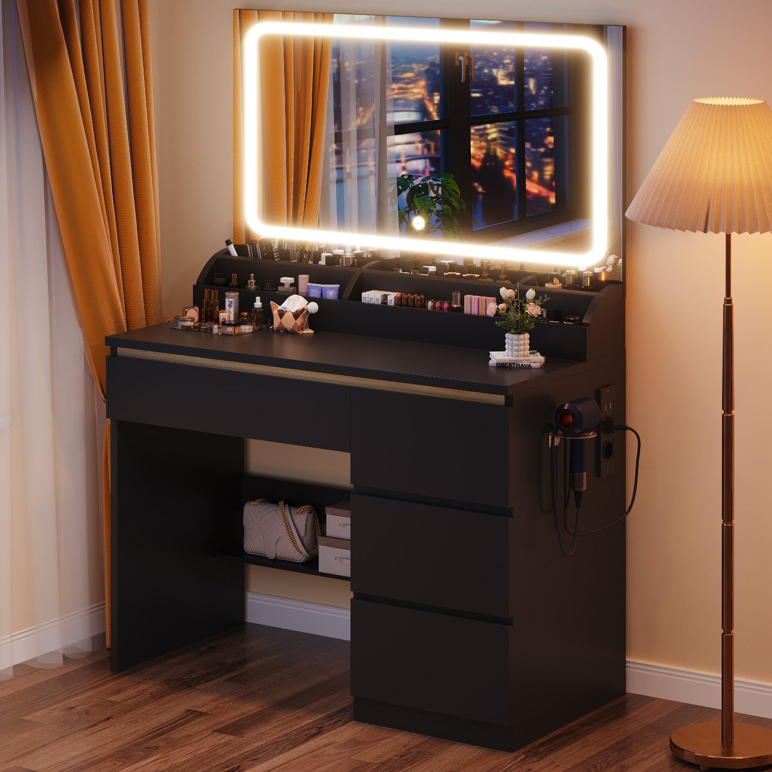 HOMALL Schminktisch Schminktisch mit 80 cm Spiegel und LED-Beleuchtung (Abmessungen: 80 × 40 × 137 cm Mit vier Schubladen und sechs Staufächern Drei einstellbare Farbtemperaturen Zwei USB-Ladeanschlüsse, zwei Netzsteckdosen und eine Halterung für einen Haartrockner)