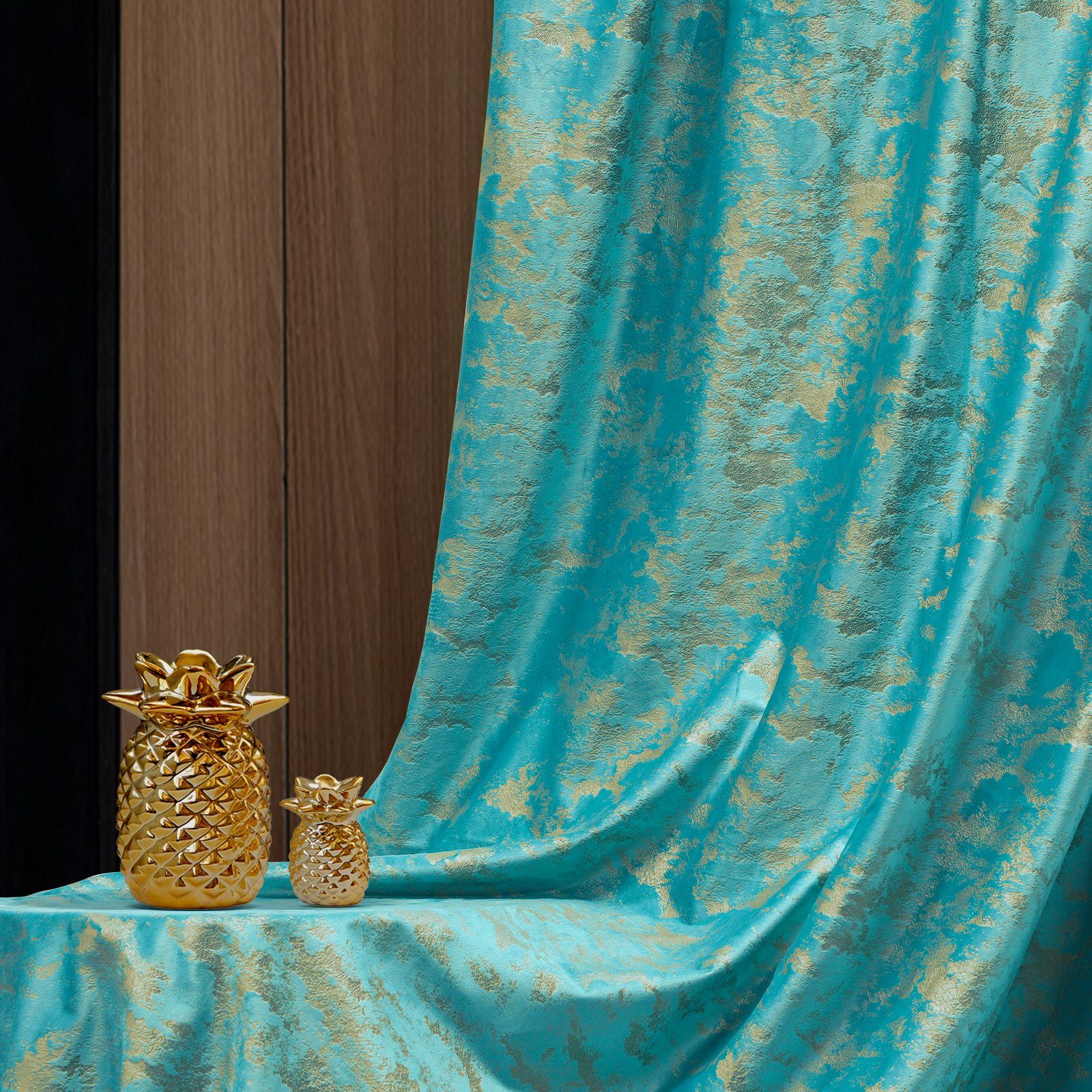 Gardine Thermogardine, SmatVorhang, Blickdicht für 2 Fenster, Druck Stück Türkisblau Kräuselband, Gold Wohnzimmer, Verdunkelungsvorhang (2 Sunicol, Schlafzimmer,Kinderzimmer St)