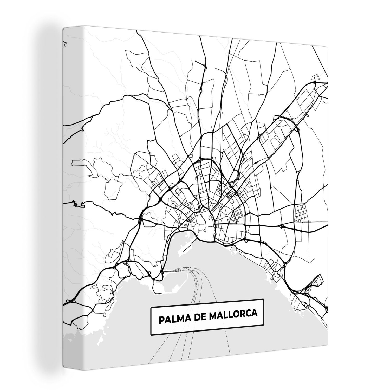 OneMillionCanvasses® Leinwandbild Karte - Mallorca - Stadtplan - Schwarz und weiß - Karte, (1 St), Leinwand Bilder für Wohnzimmer Schlafzimmer