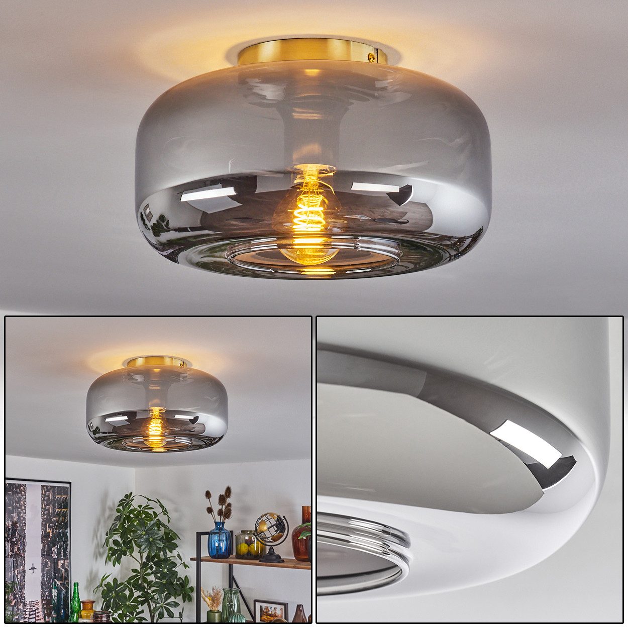 hofstein Deckenleuchte Deckenlampe aus Metall/Glas in Messing/Rauchfarben/Chromfarben, ohne Leuchtmittel, Vintage-Design mit Glasschirm (28 cm), 1 x E27, ohne Leuchtmittel