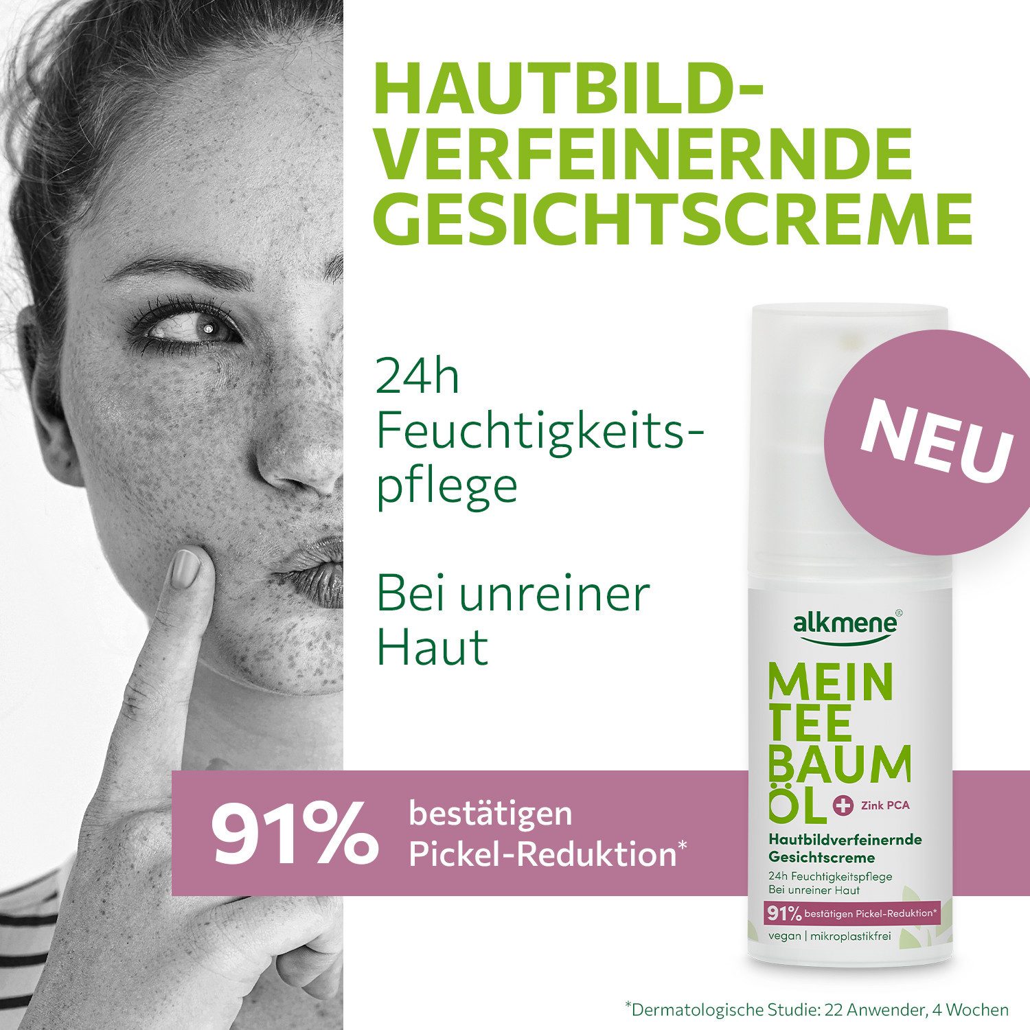 alkmene Tagescreme Teebaumöl Gesichtscreme - Pickel Reduktion 91% bestätigt - vegan, 1-tlg.