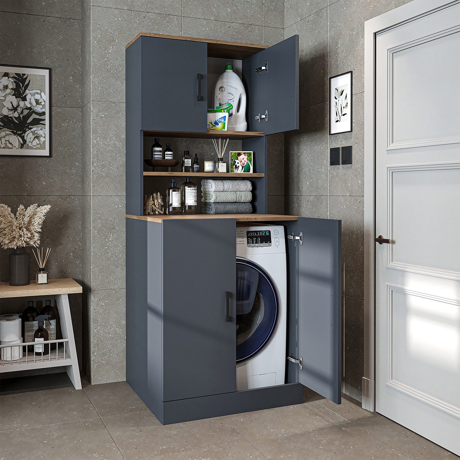 Roomart Waschmaschinenumbauschrank ATRIA Waschmaschinenschrank 70 cm, 180 cm hoch, Hauswirtschaftsraum (Waschmaschinenschrank Trocknerschrank) Geräteöffnung 88x65 cm, Mittelfach, 2-modul Aufbau