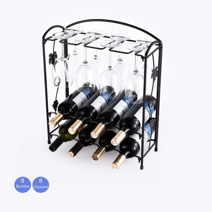 Hansiro Weinregal mit Gläserhalter für 8 Flaschen und 8 Gläser aus Metall