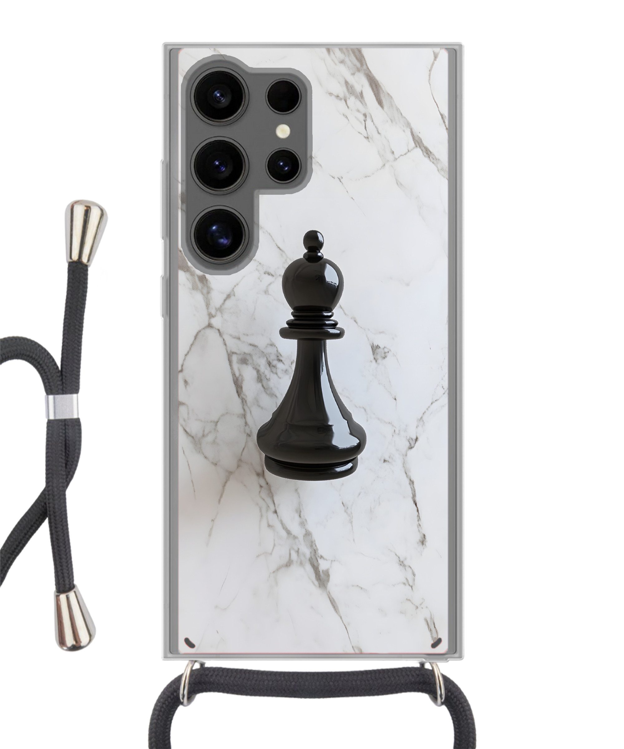 MuchoWow Handyhülle für Samsung Galaxy S24 Ultra Schachfigur - Läufer - Schwarz - Marmor, Tragbare Handyhüllen mit Kette zum umhängen, Handykette Handyband