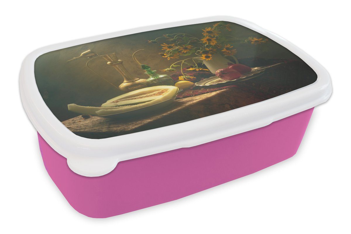 MuchoWow Lunchbox Stilleben -Kunst - Malerei - Obst - Sonnenblume - Blitz, Kunststoff, (2-tlg), Brotbox für Erwachsene, Brotdose Kinder, Snackbox, Mädchen, Kunststoff rosa