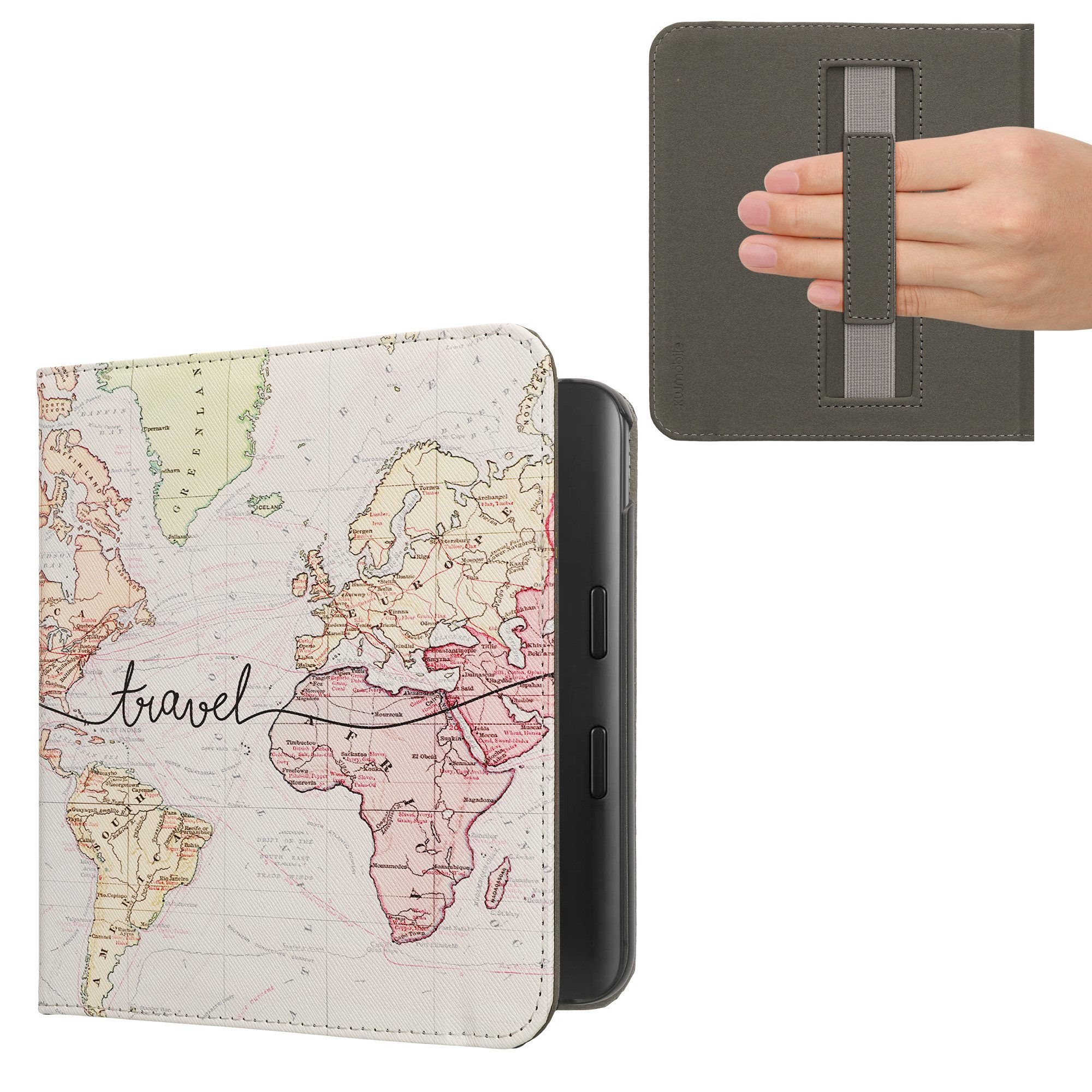 kwmobile E-Reader-Hülle Schutzhülle für Kobo Kobo Libra Colour / Tolino Vision Color Hülle, eReader Flip Case mit Handschlaufe und Auto Sleep Funktion
