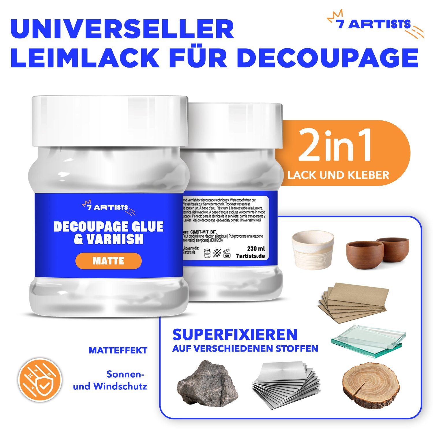 7 Artists Bastelkleber Decoupage Kleber Lack Wasserfest 230 ml, Half Glossy und Matt, Decoupage Kleber + Lack