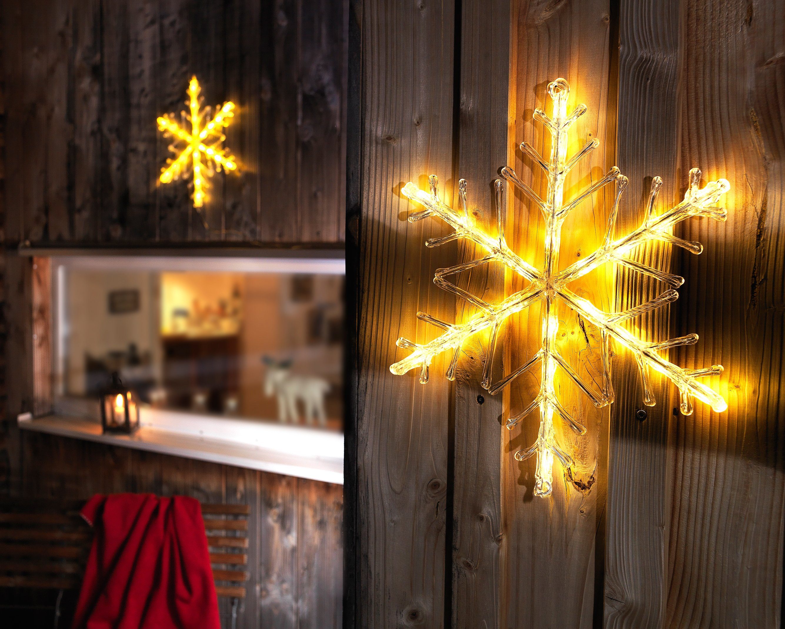 KONSTSMIDE LED Stern Weihnachtsstern, Weihnachtsdeko warm LED Schneeflocke, und den aussen, Acryl fest Warmweiß, Innen- Außenbereich integriert, weiße für Artikel LED 24 Trafobetriebener Dioden