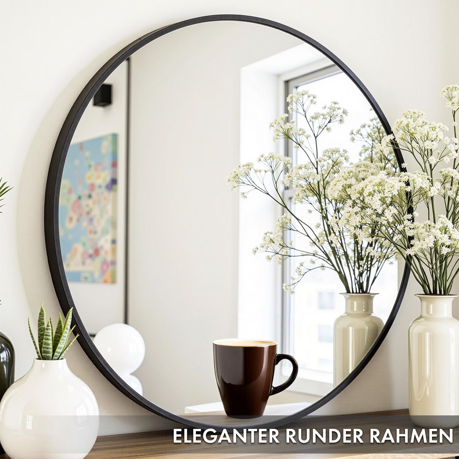 Floordirekt Wandspiegel Bella, Runder Spiegel mit schwarzem Aluminiumrahmen günstig online kaufen