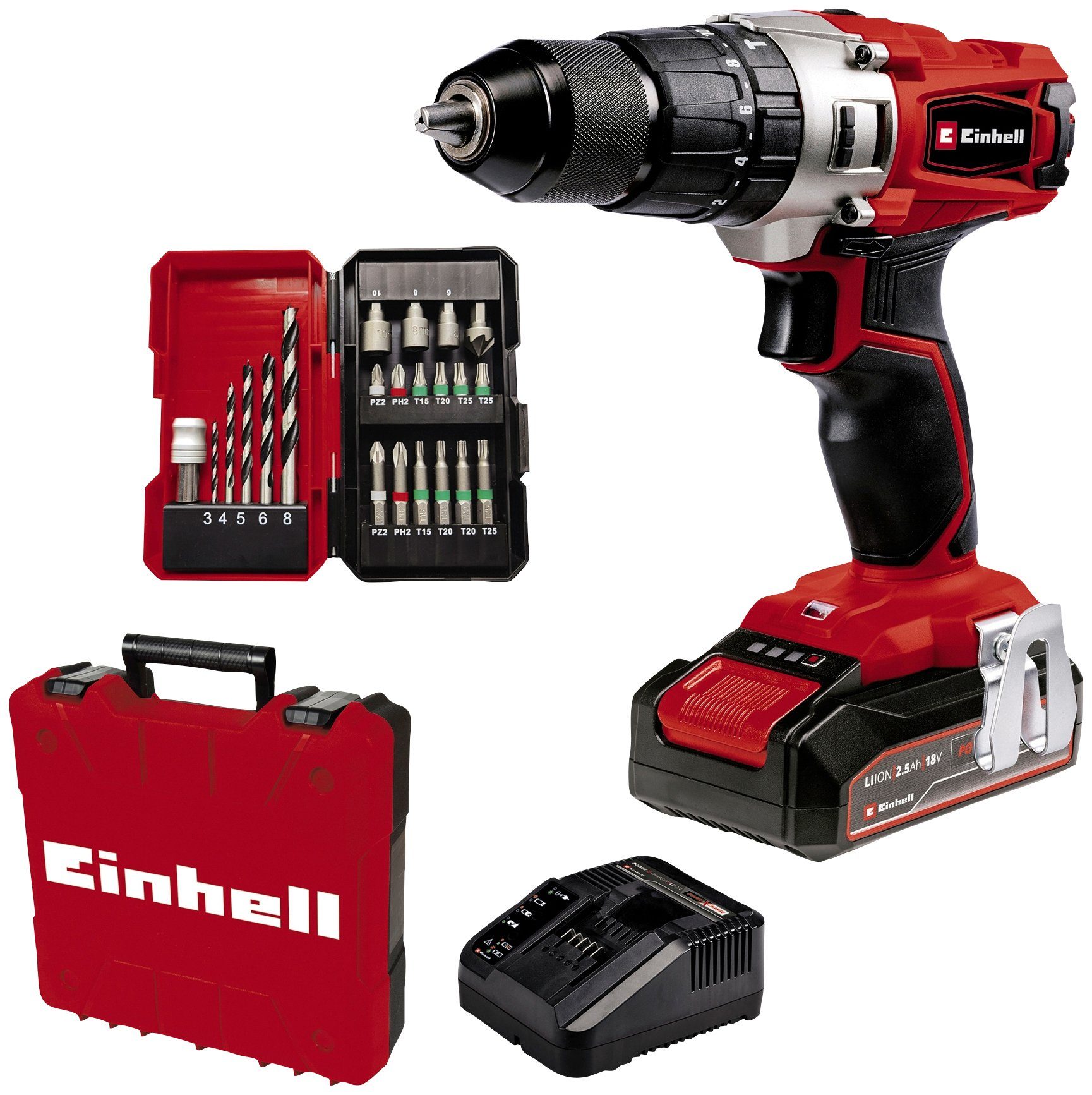 Einhell Akku-Schlagbohrschrauber Ladegerät 18/2 Akku +22 U/min, Li-i max. TE-CD und 1250 inklusive (1x2,5 Ah), Koffer