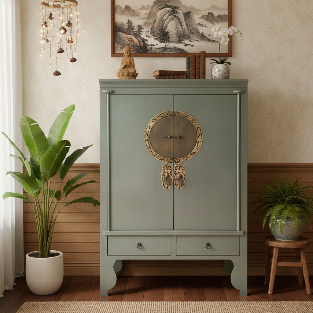 OPIUM OUTLET Kleiderschrank Chinesischer Hochzeitsschrank im Vintage-Stil (Breite x Tiefe x Höhe 105 x 55 x 175 cm, orientalischer Schrank Kommode, Asia Möbel komplett montiert Holz Landhaus-Stil shabby-chic) asiatisch