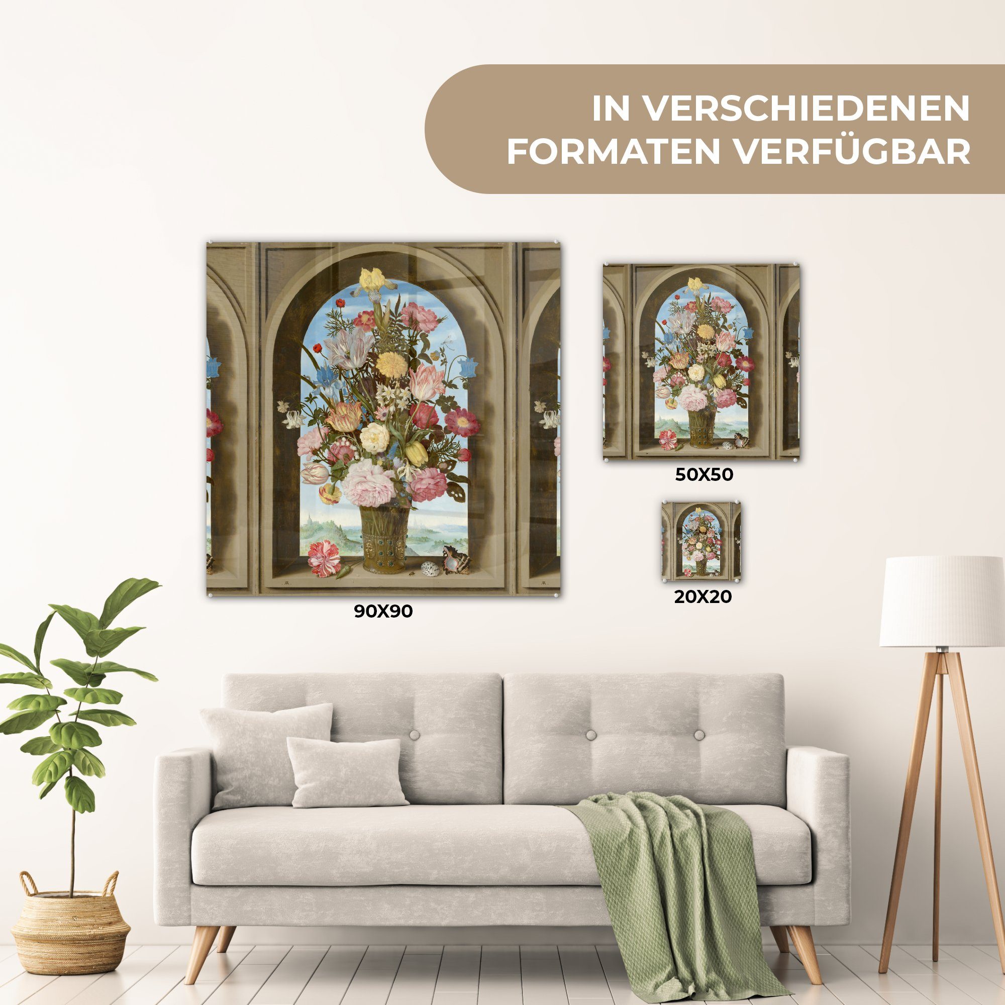 (1 Wanddekoration von in einem Gemälde Foto Blumen mit Ambrosius - Bilder MuchoWow - St), Vase - Glas Glasbilder Glas Wandbild auf Bosschaert, auf Acrylglasbild Fenster -