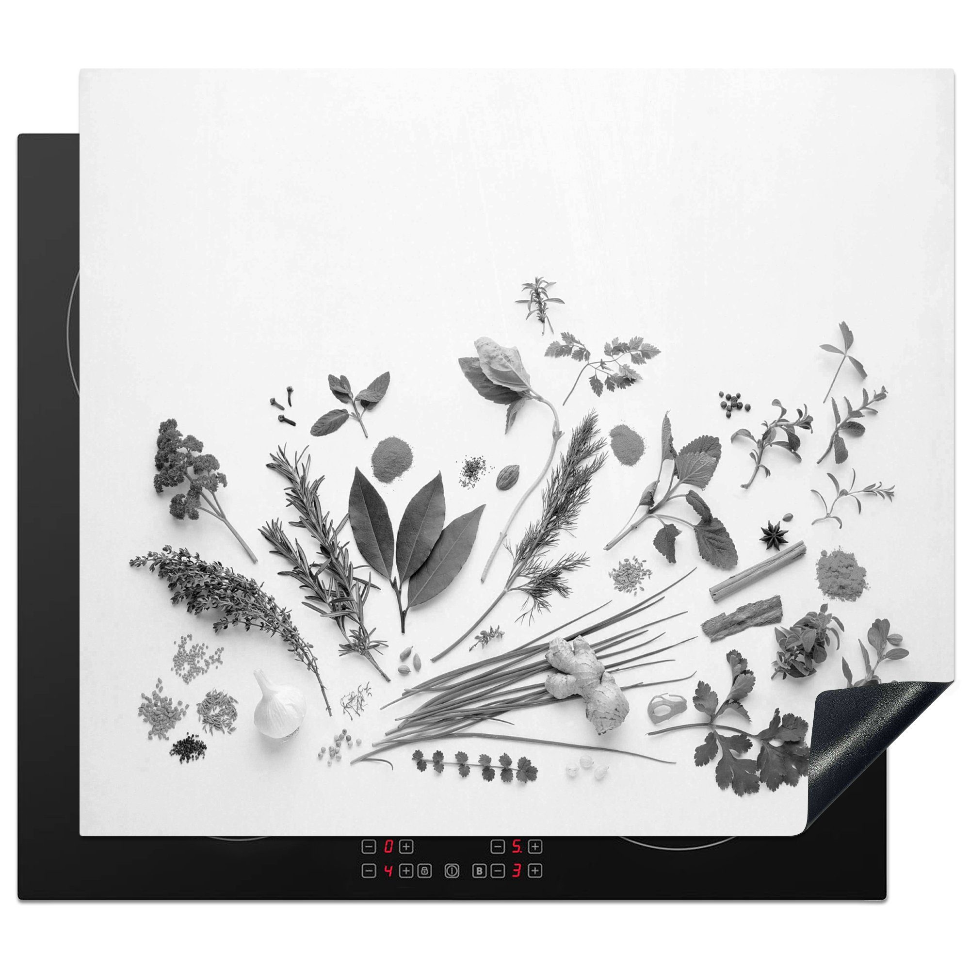MuchoWow Herdblende-/Abdeckplatte Kräuter und Gewürze auf einfachem Hintergrund - schwarz und weiß, Vinyl, (1 tlg), 60x52 cm, Mobile Arbeitsfläche nutzbar, Ceranfeldabdeckung