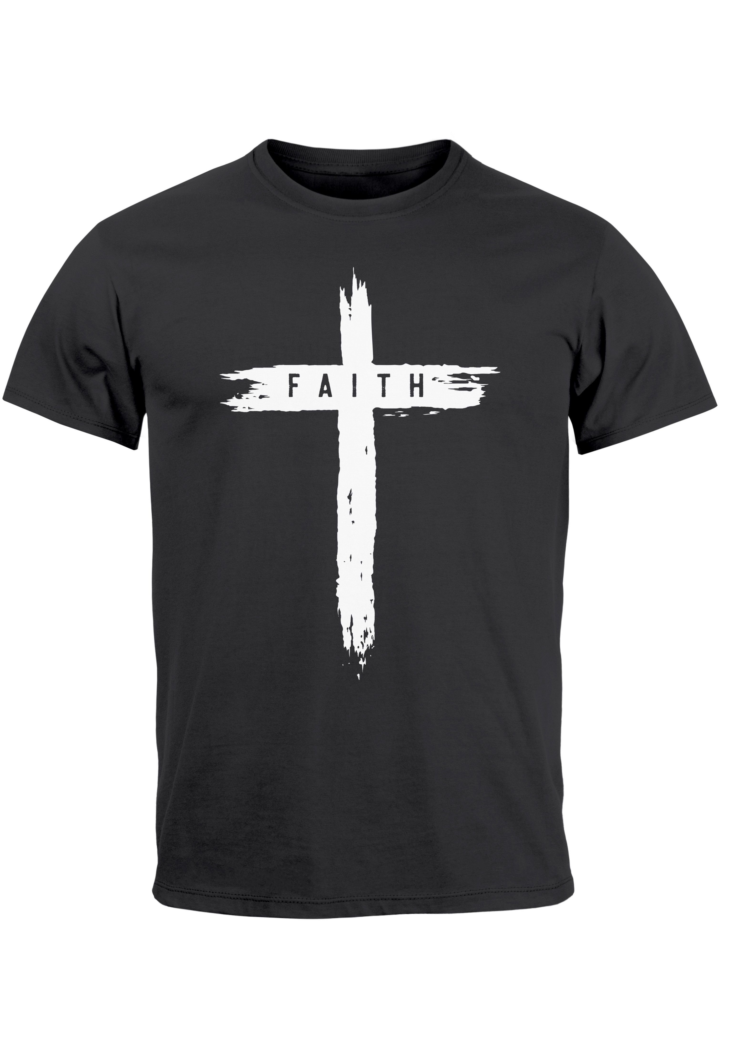 Kreuz Glaube anthrazit Aufdruck Faith Print-Shirt Printshirt mit Herren T-Shirt Trend-Moti Cross Print Neverless