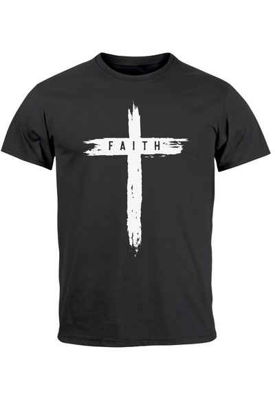 Neverless Print-Shirt Herren T-Shirt Printshirt Aufdruck Kreuz Cross Faith Glaube Trend-Moti mit Print
