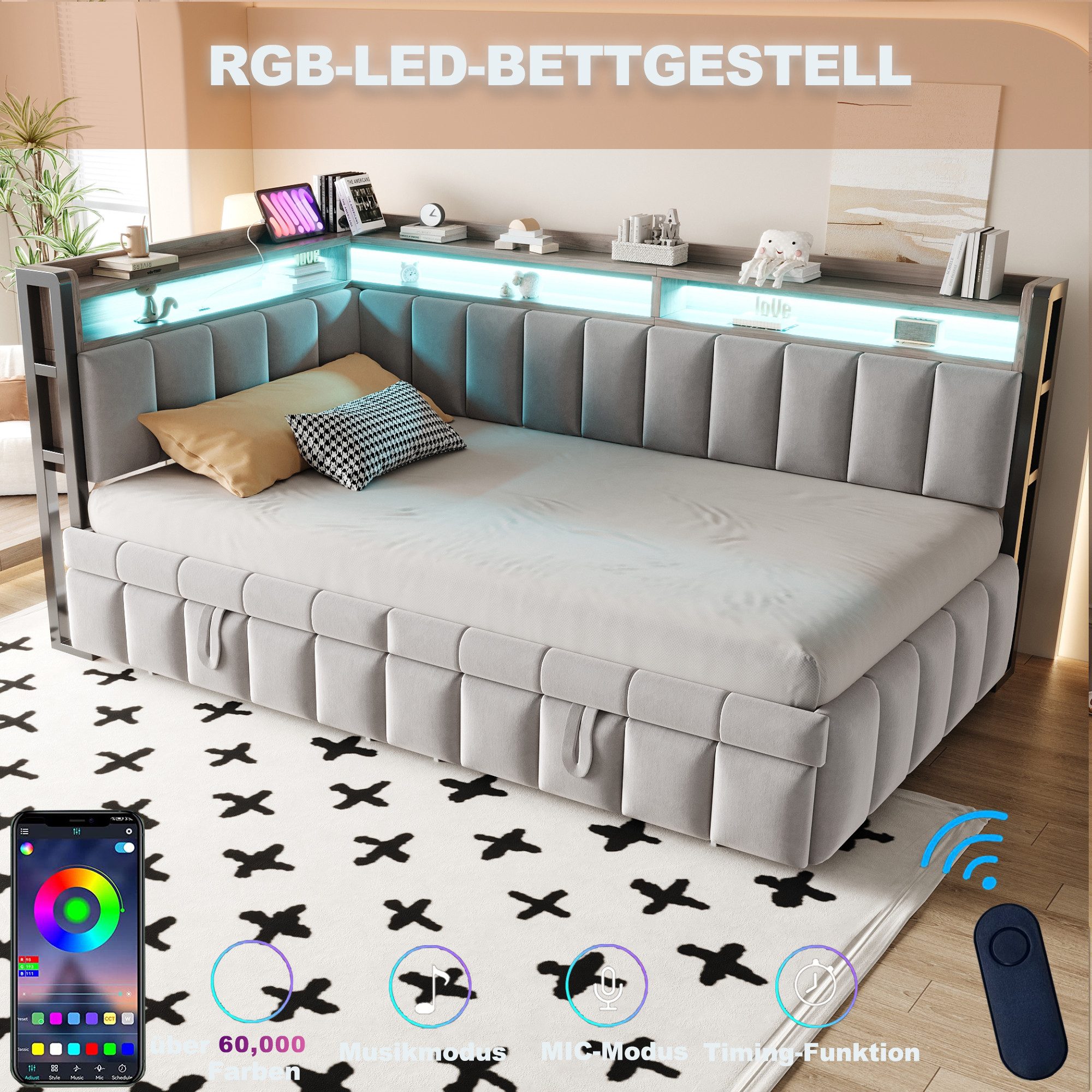 Merax Daybett 90x200cm Schlafsofa mit LED-Beleuchtung & USB-Anschluss (Sofabett Jugendbett Kinderbett, 1 tlg), Polsterbett Samtstoff Tagesbett mit Ausziehbett S – Bild 4 von 5