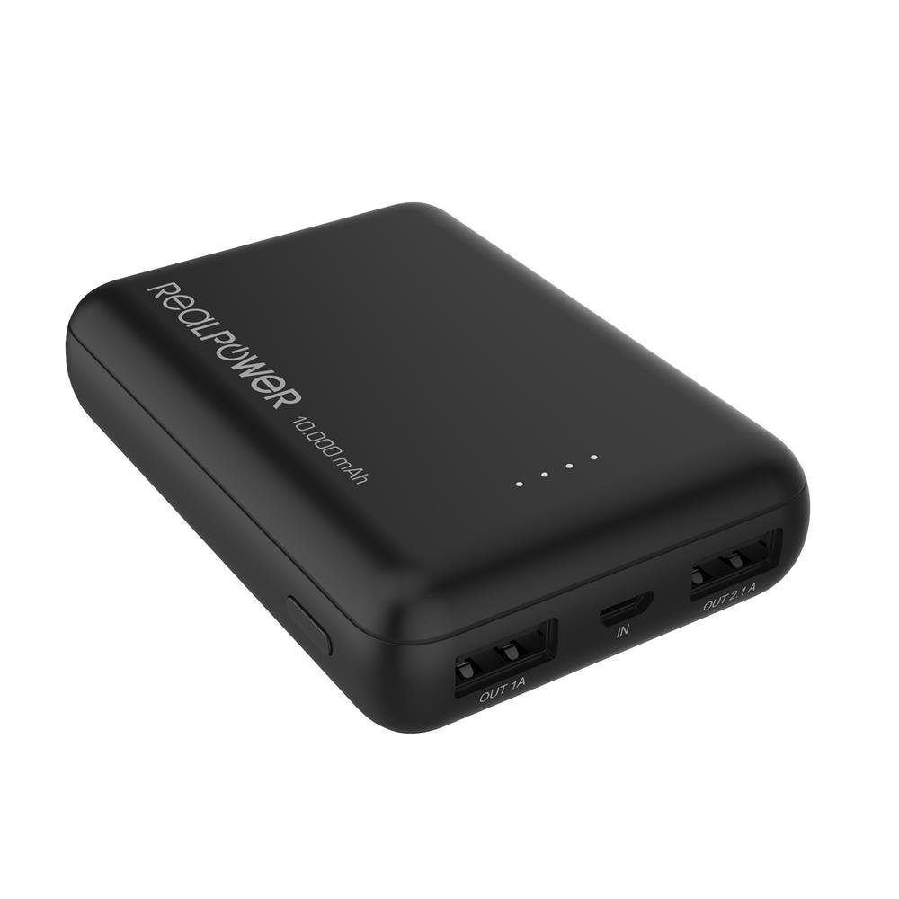 Realpower PB-10000 mini HD Powerbank 10000 mAh, lädt 2 Geräte gleichzeitig, kompakt, LED Statusanzeige
