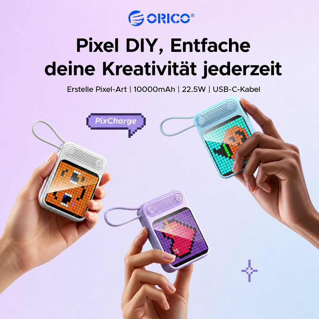 ORICO PixCharge Plus Powerbank 10000mAh mit 22,5W Schnellladung, Powerbank 256-LED Pixel Display & App-Steuerung, integriertem USB-C Kabel 10000 mAh (5V / 9V /  – Bild 2 von 5