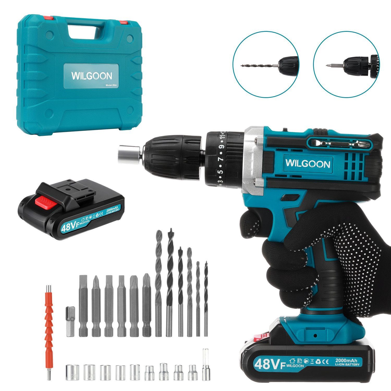 WILGOON Akku-Bohrschrauber Akku-Bohrschrauber, Schnellladen, Akku-Schrauber mit 2x Akkus 32 Nm, 220-240 V, max. 1650 U/min, (Set, Drehmoment in 25+3 Stufen, 10mm Bohrfutter, LED-Licht), 2 Geschwindigkeiten Akku Werkzeug: Leicht & Stark Für Reparatur & DIY