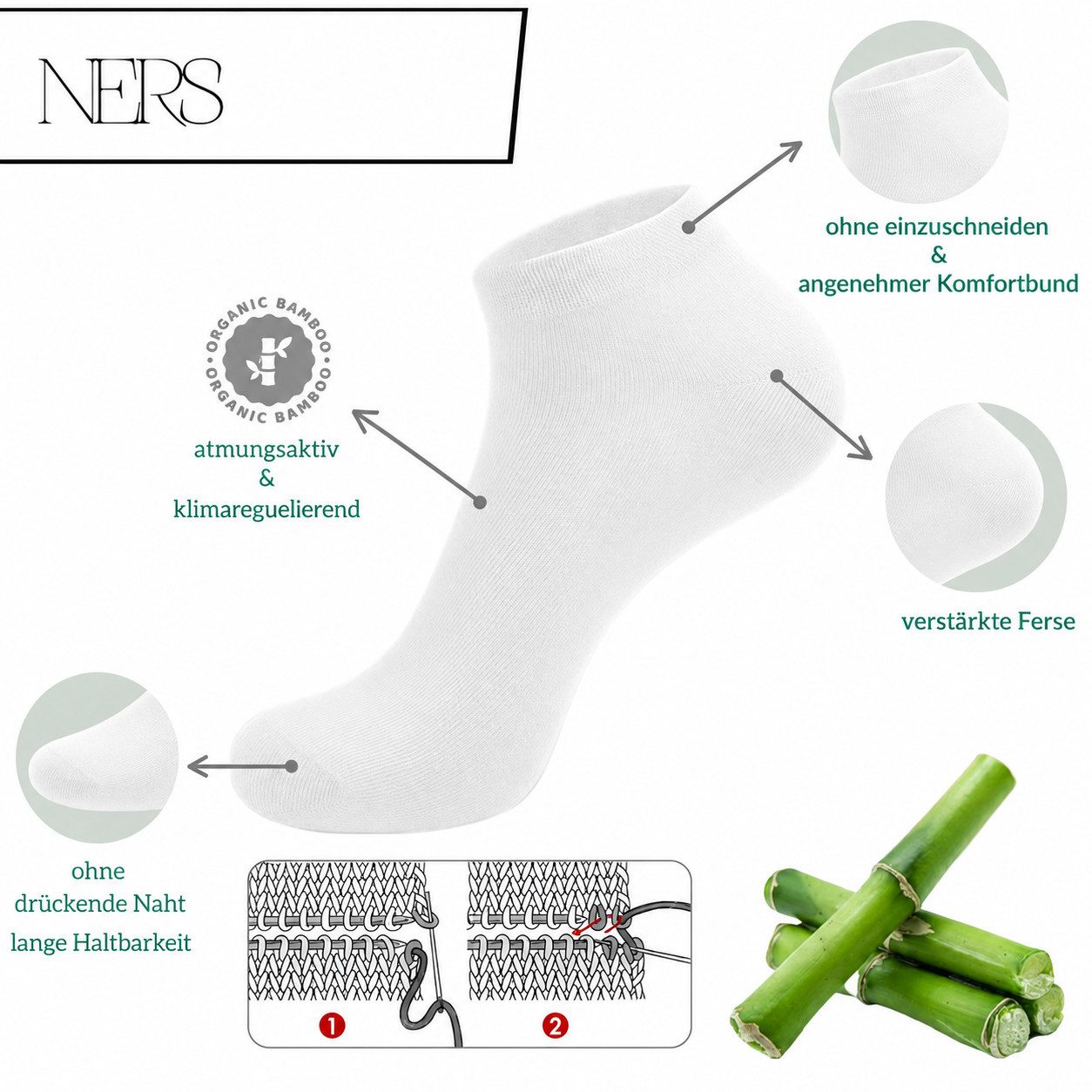 NERS Kurzsocken aus Bambus Damen & Herren, ohne drückende Naht & einschneidendes Gummi (Spar-Set, 10-Paar) Bambussocken, Atmungsaktiv, gegen Schweißfüße, in Ges – Bild 2 von 3