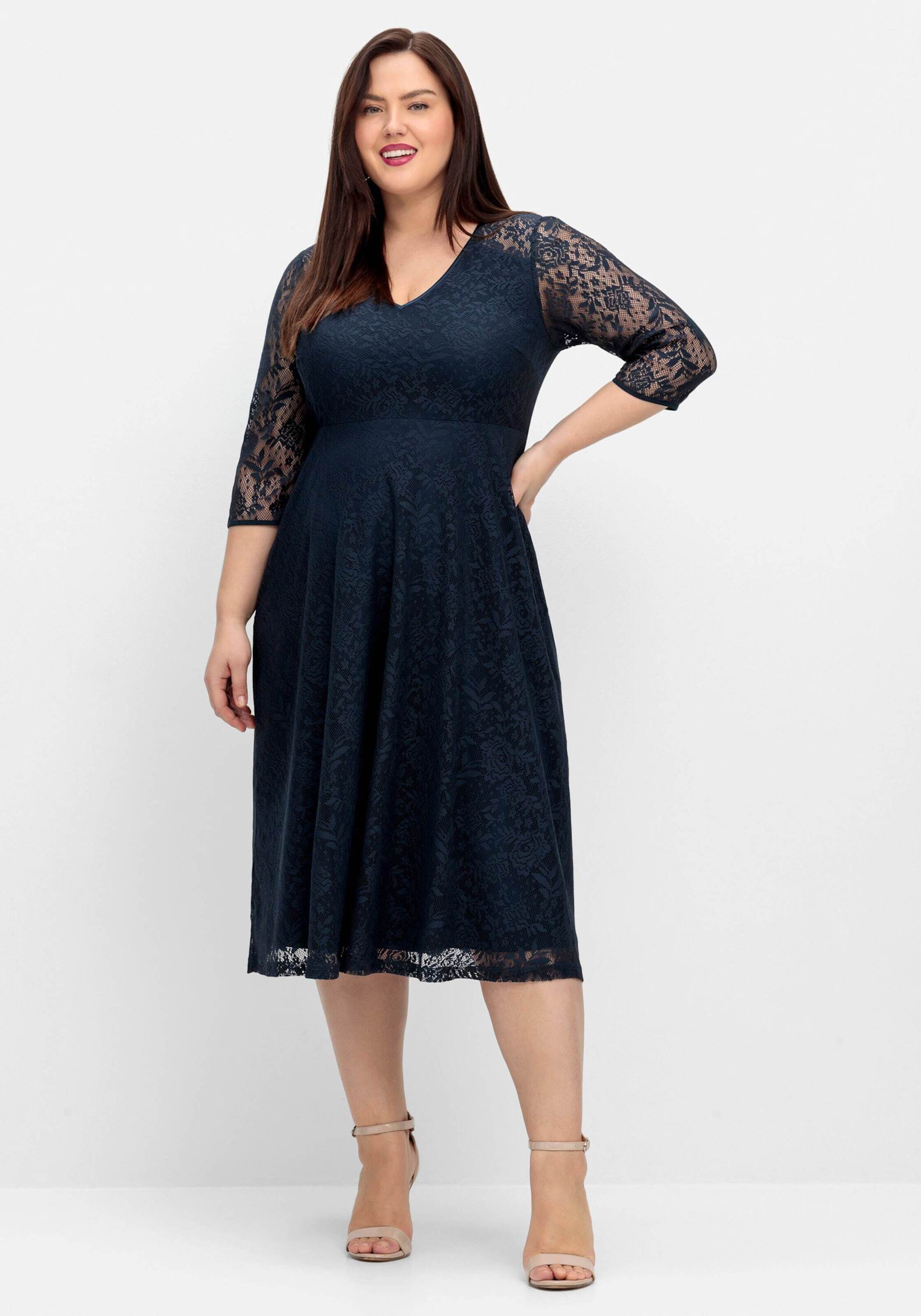 Sheego Etuikleid Cocktailkleid 3/4-Arm aus floraler Spitze, blickdicht gefüttert
