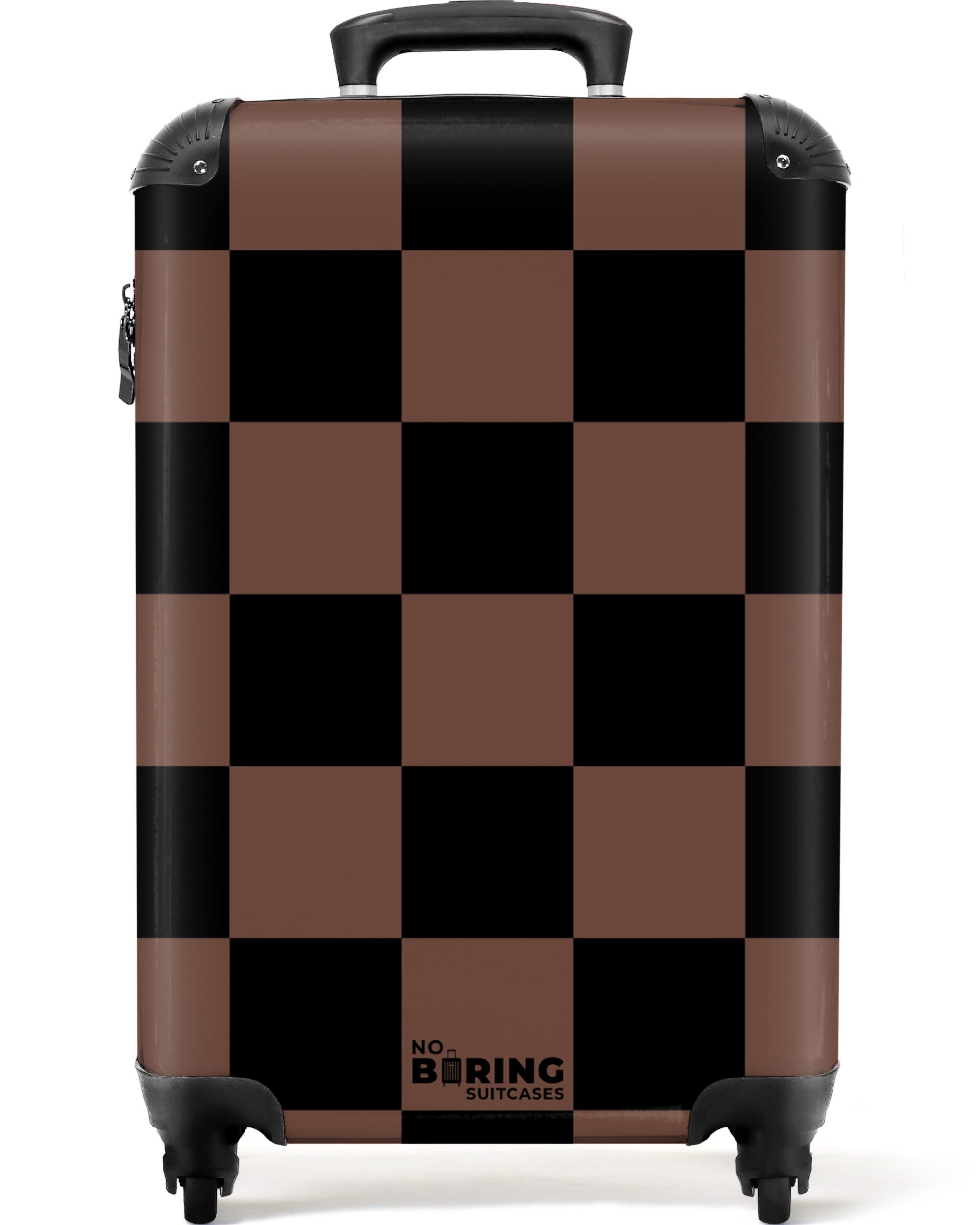 NoBoringSuitcases.com© Hartschalen-Trolley Braun mit schwarzem Schachbrettmuster 55x35x20cm, Reisekoffer mit 4 Rollen, Carry on luggage, Männer