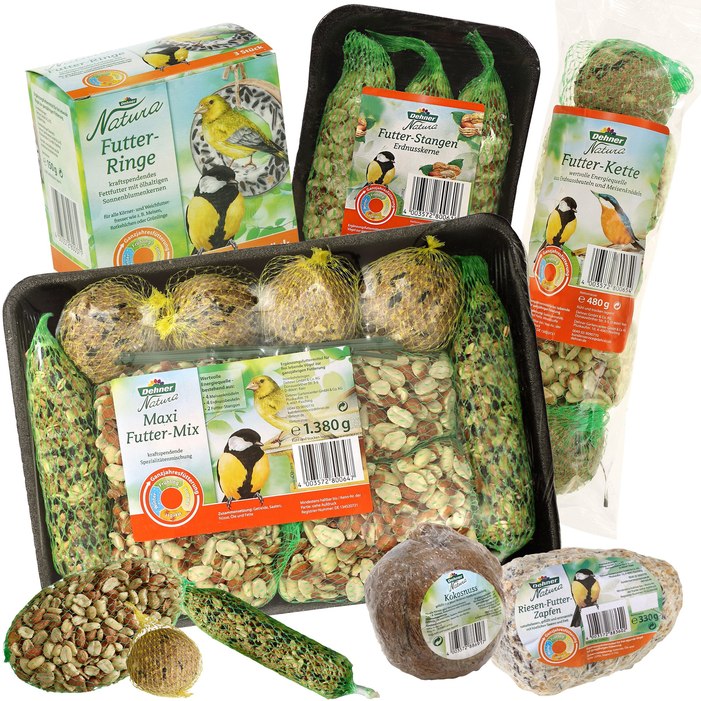 Dehner Natura Premium Wildvogelfutter Spezial-Snackmix, 6-teiliges Set, Kraftfutter für: Gartenvögel, Wildvogel, energiereich, hochwertiges Vogelfutter