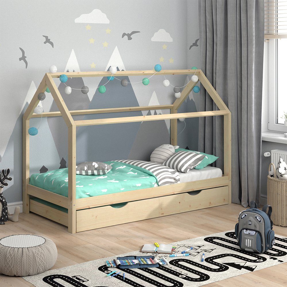 VitaliSpa® Kinderbett Hausbett Gästebett 90x200cm WIKI Natur Schublade