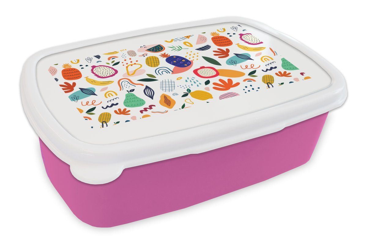 MuchoWow Lunchbox Obst - Weiß - Pastell - Pflanzen - Wassermelone, Kunststoff, (2-tlg), Brotbox für Erwachsene, Brotdose Kinder, Snackbox, Mädchen, Kunststoff rosa