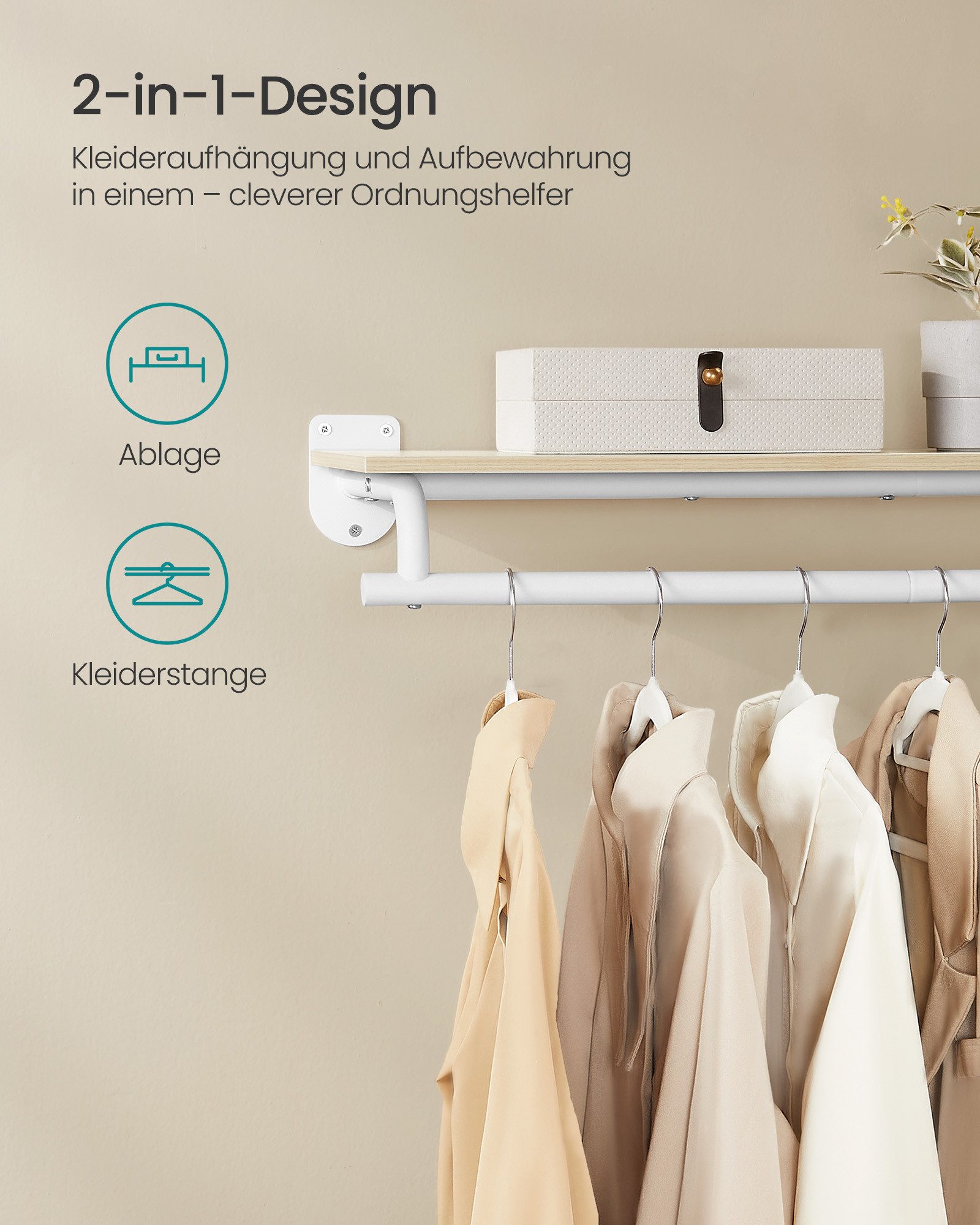 SONGMICS Wandgarderobe, Garderobe, Wandregal mit Kleiderstange, Schlafzimmer