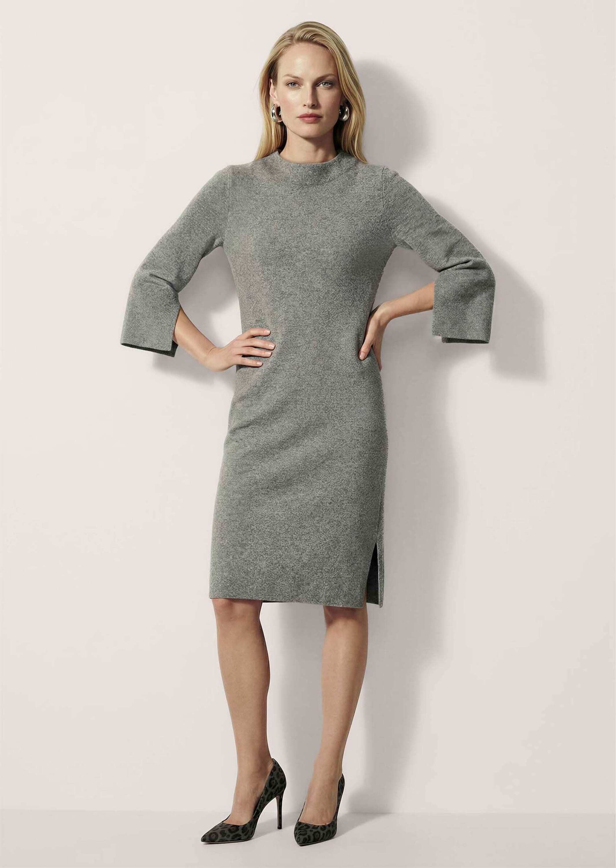 MADELEINE Strickkleid Halbarm Kaschmir-Strickkleid in Midilänge Feminines Design mit Stehkragen und Seitenschlitz, 3/4-Arm