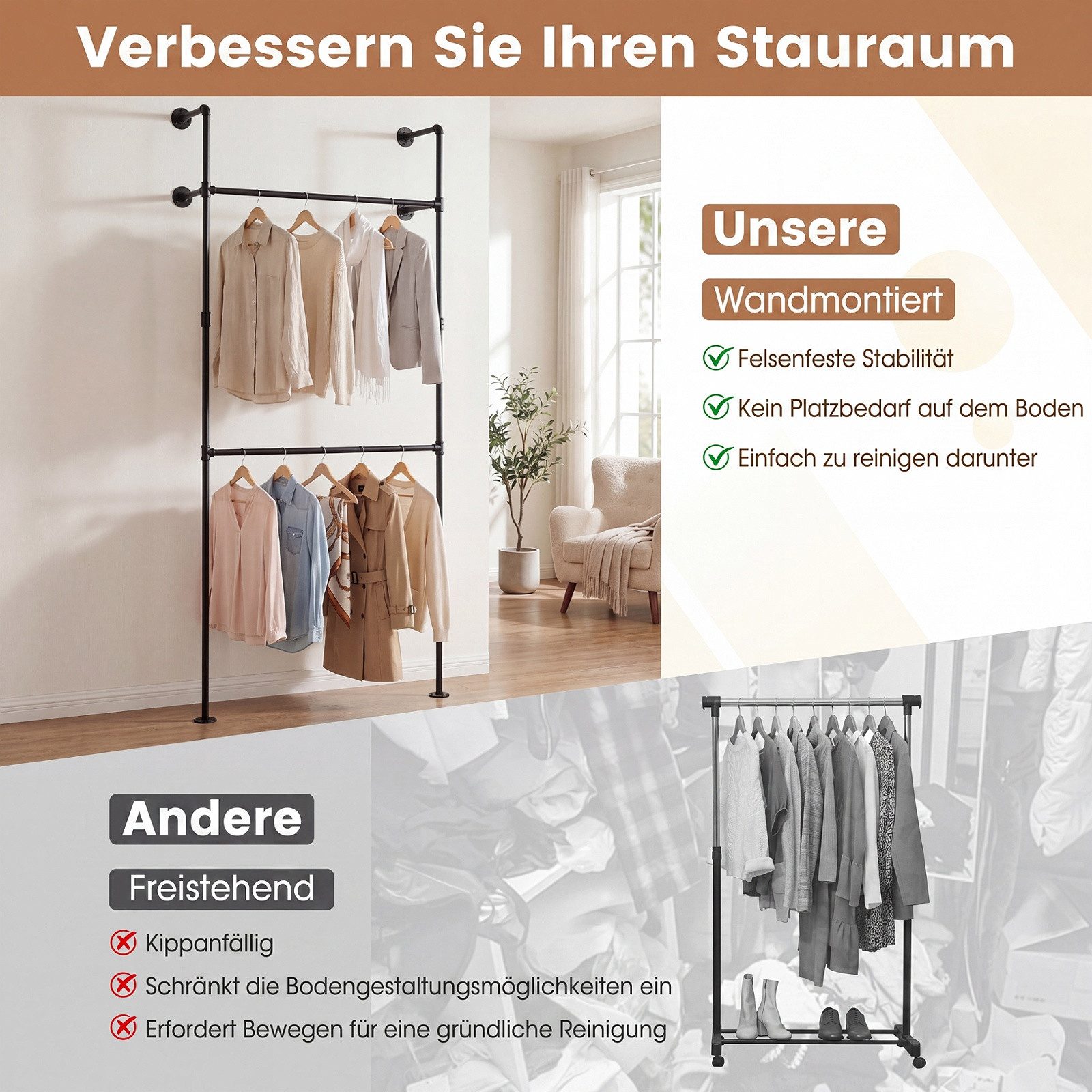 COSTWAY Kleiderständer Wandmontage Metall Garderobenstange mit 2 Stangen, 106x32x227cm – Bild 4 von 5