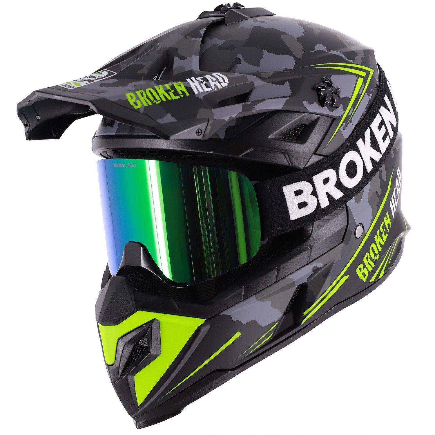 Broken Head Motocrosshelm Squadron Grau-Grün (Mit MX-Brille Struggler Grün), Zwei Verschlüsse
