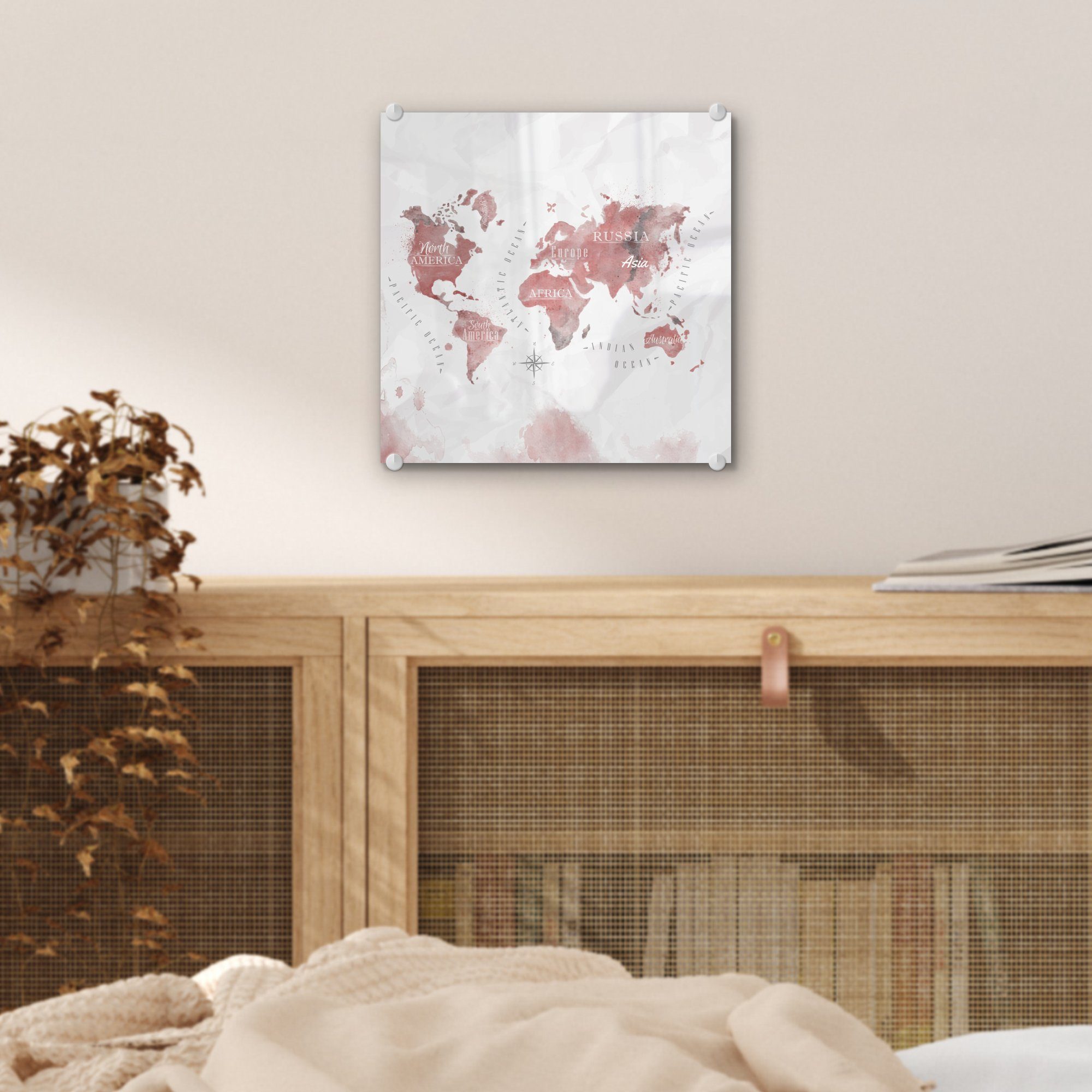 auf - MuchoWow Rot, (1 Wandbild - Foto Wanddekoration Aquarell Weltkarte - Acrylglasbild St), auf Glas - Bilder Glasbilder Glas -