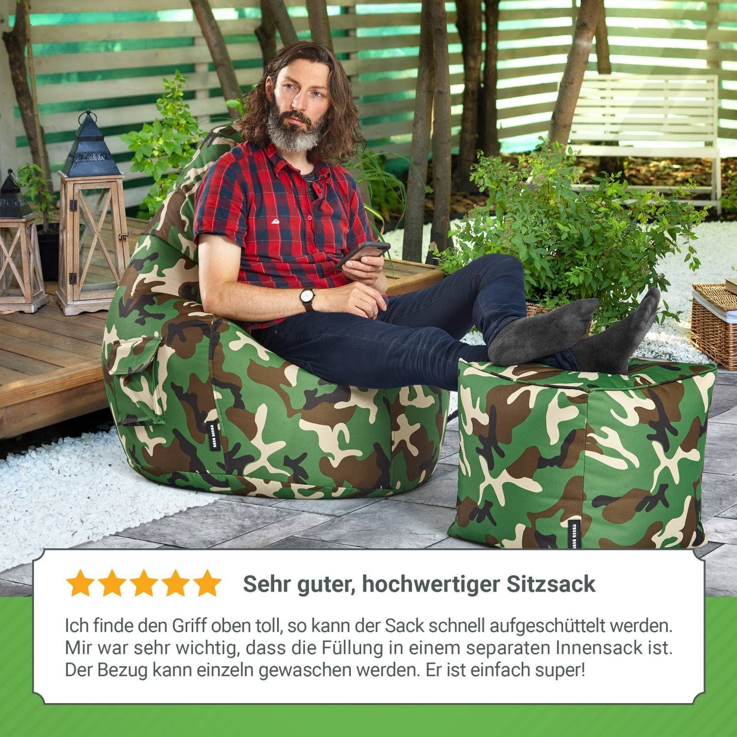 Green Bean Sitzsack Cozy Chair Lounge Weich mit Relax-Sessel - (Sitzsack Bean Camouflage Rückenlehne Bodenkissen 230L mit Gamer 80x70x90cm Waschbar), Kuschelig Gaming Bag Grün Sitzhocker Füllung, Gamingstuhl
